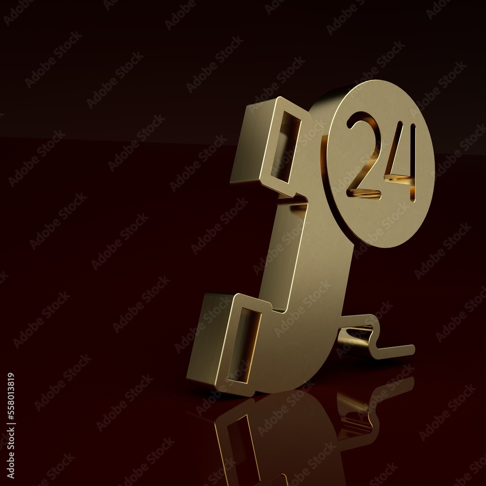 Gold Telephone 24 hours support icon isolated on brown background. All-day customer support call-cen