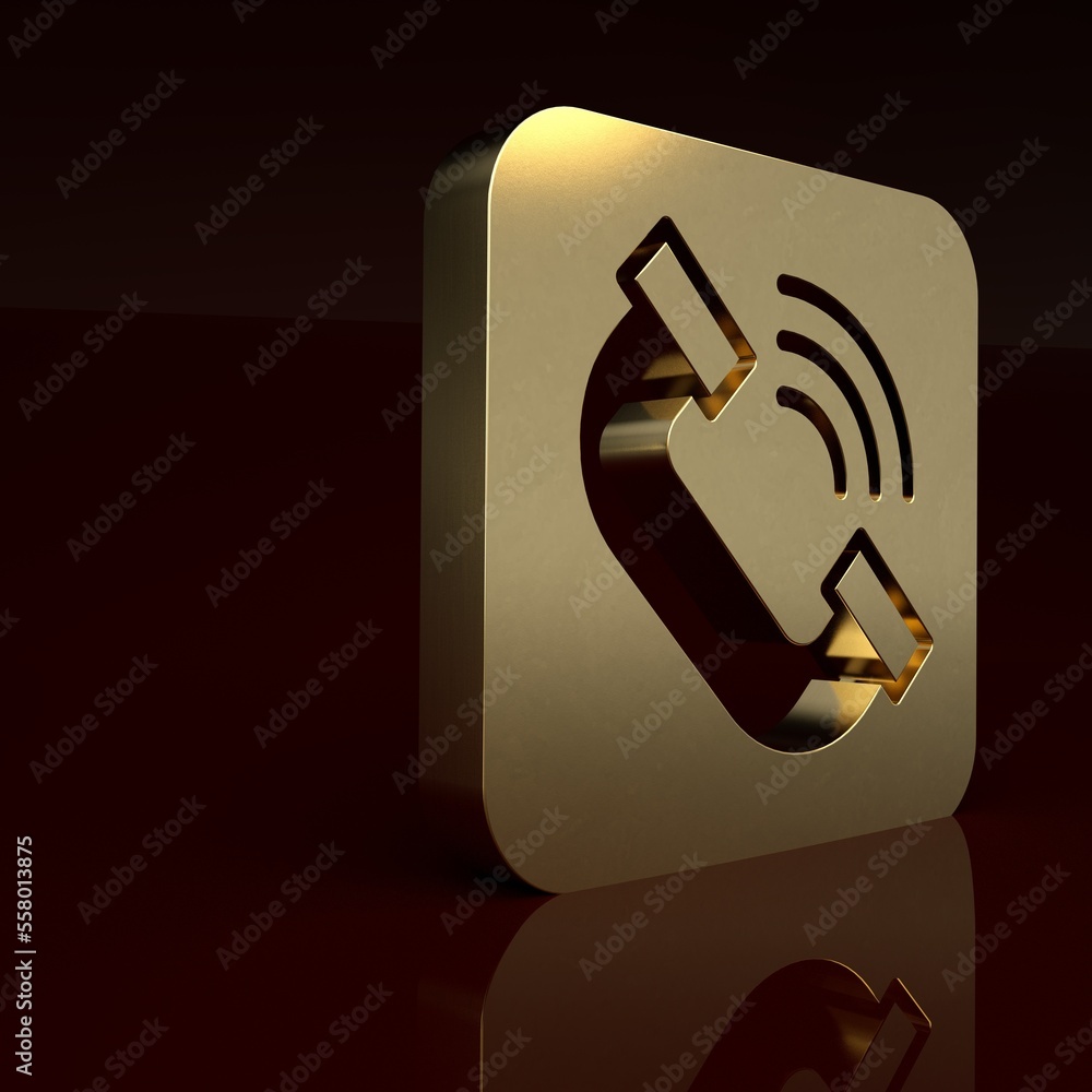 Gold Telephone handset icon isolated on brown background. Phone sign. Minimalism concept. 3D render 