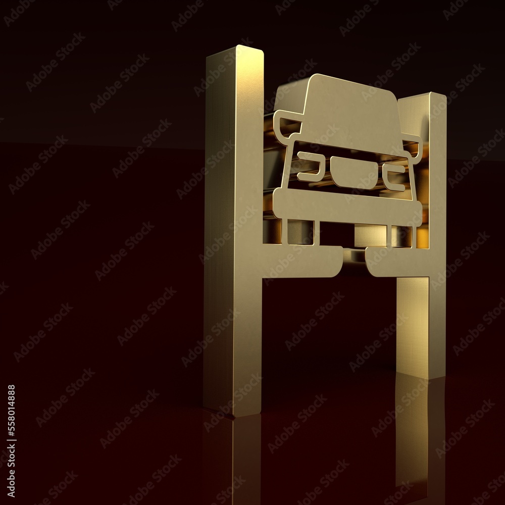 Gold Repair car on lift icon isolated on brown background. Repair of the underbody, suspension, whee