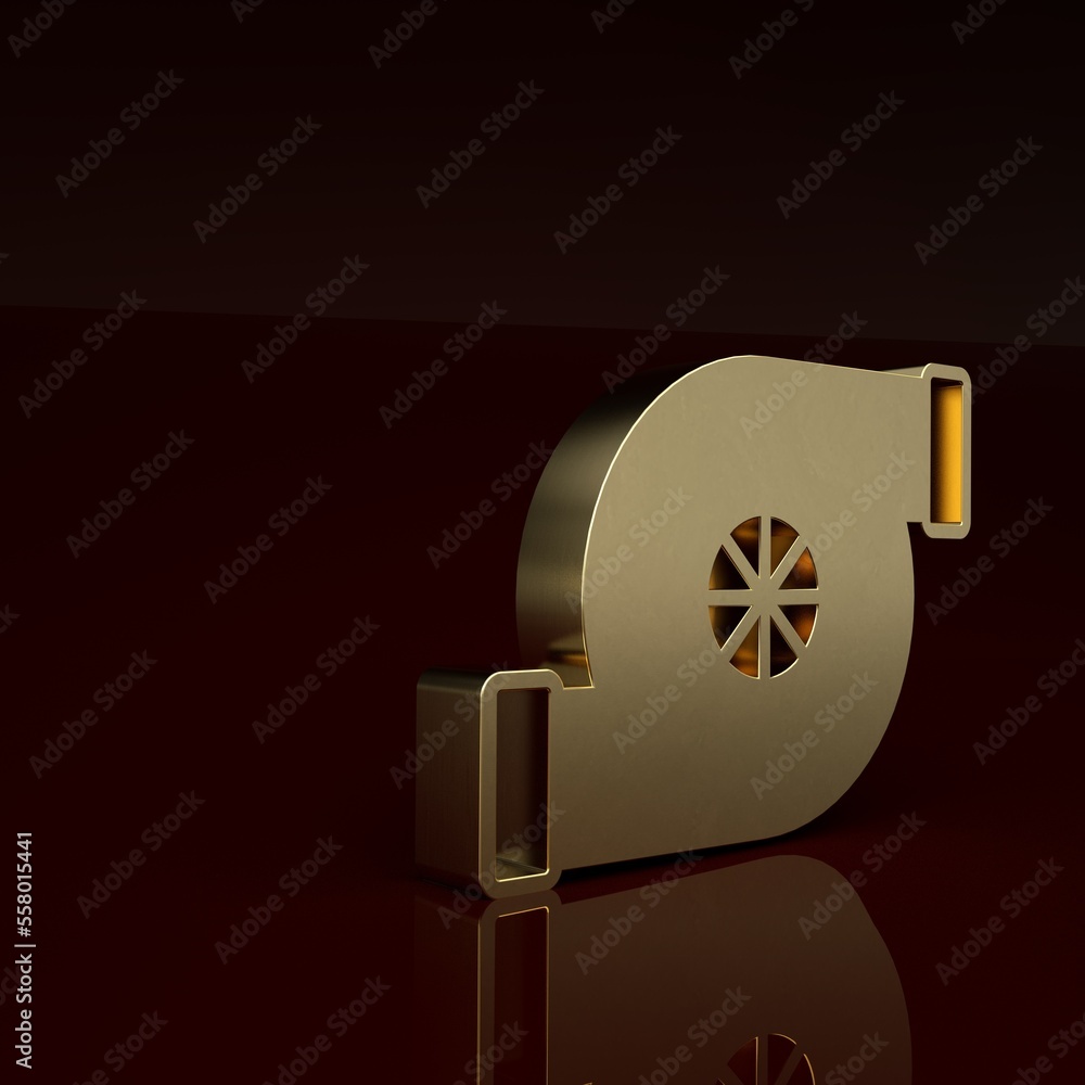 Gold Automotive turbocharger icon isolated on brown background. Vehicle performance turbo. Turbo com