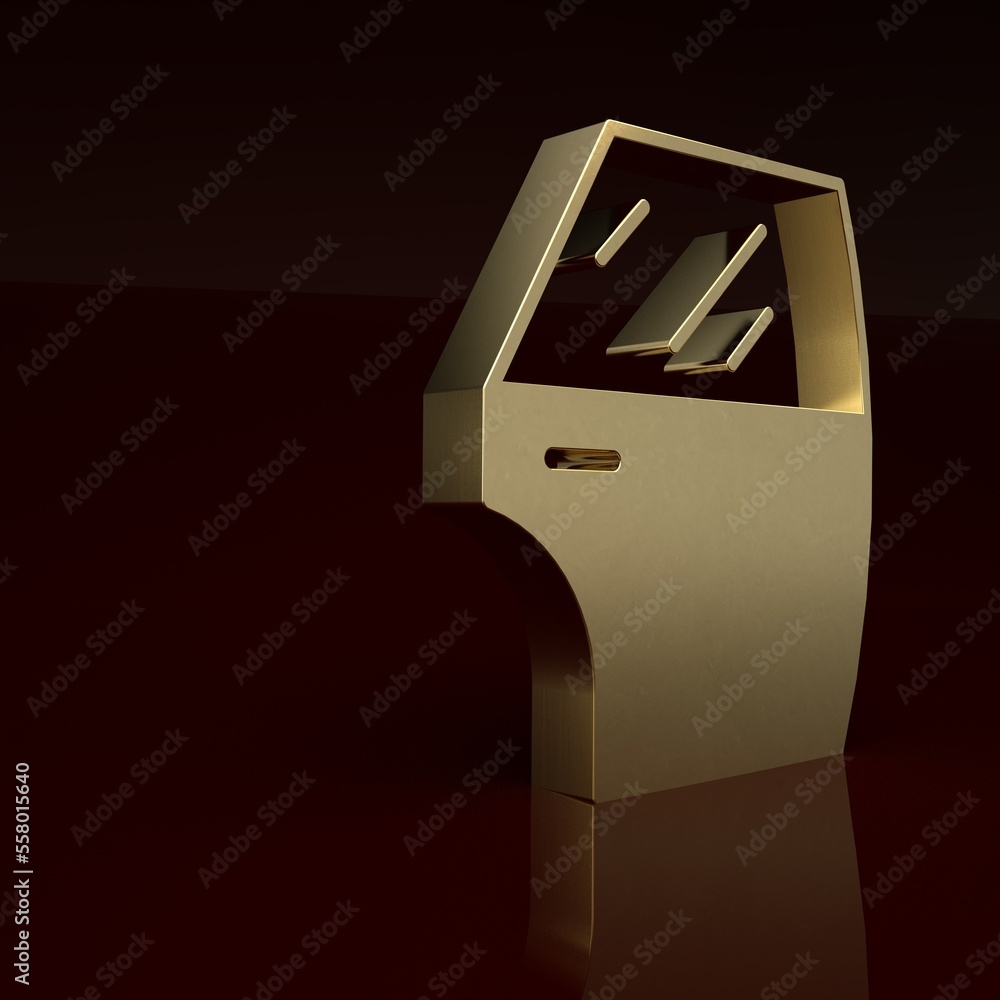 Gold Car door icon isolated on brown background. Minimalism concept. 3D render illustration