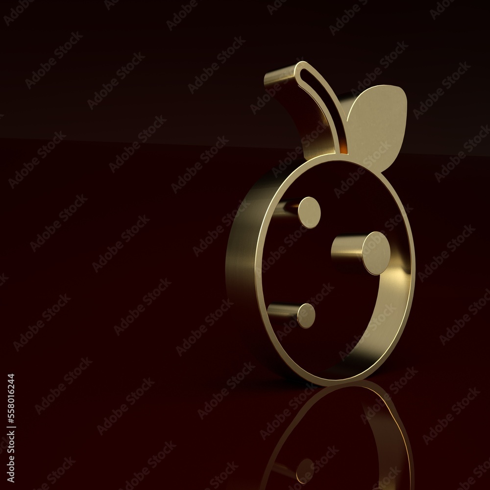 Gold Peach fruit or nectarine with leaf icon isolated on brown background. Minimalism concept. 3D re