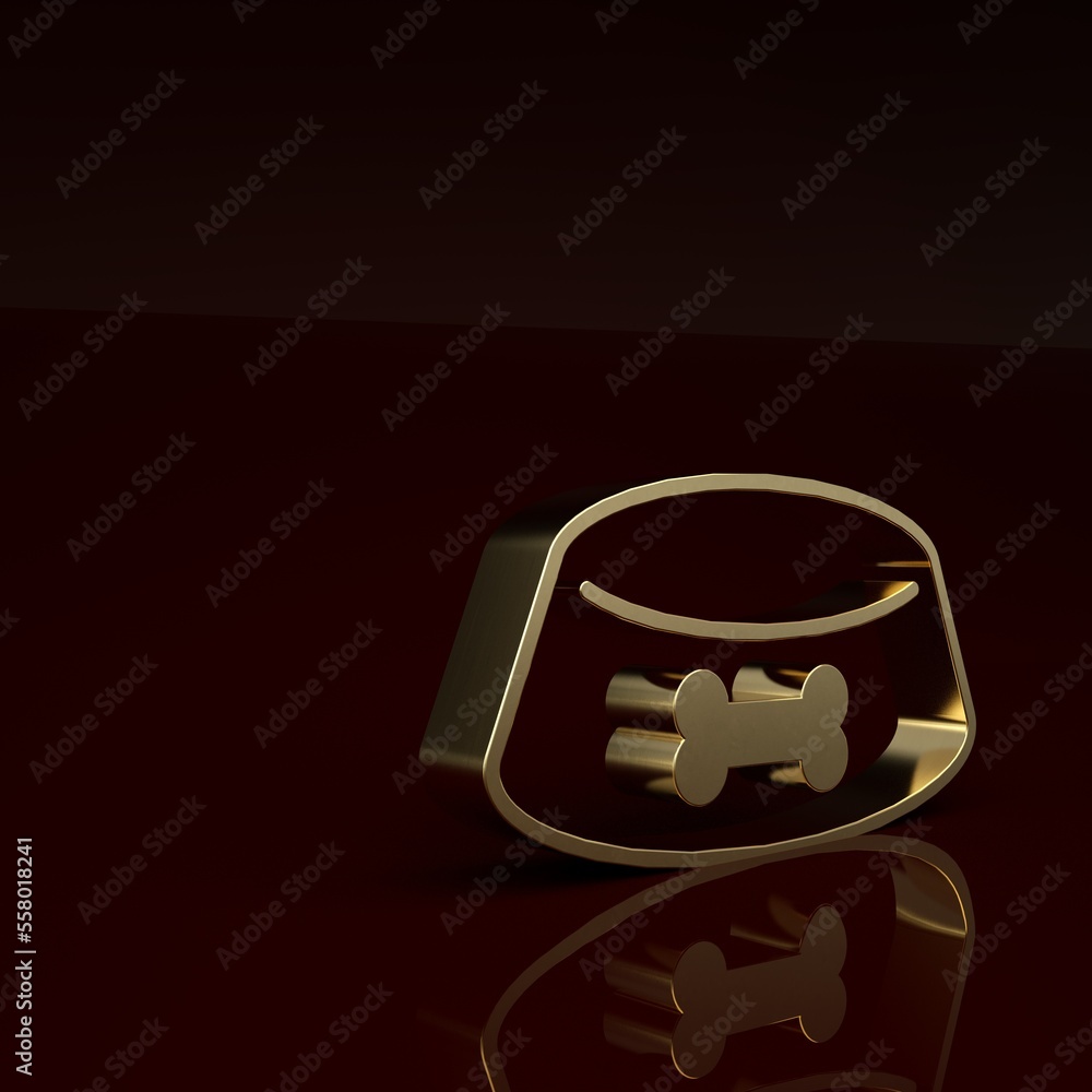 Gold Pet food bowl for cat or dog icon isolated on brown background. Dog or cat paw print. Minimalis