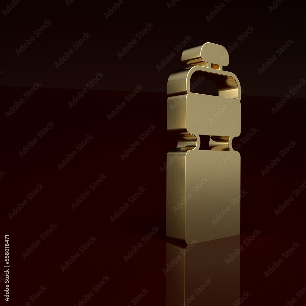 Gold Fitness shaker icon isolated on brown background. Sports shaker bottle with lid for water and p