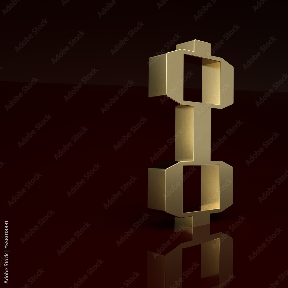 Gold Dumbbell icon isolated on brown background. Muscle lifting, fitness barbell, sports equipment. 