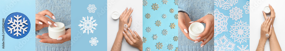 Collage of female hands with winter cream and snowflakes