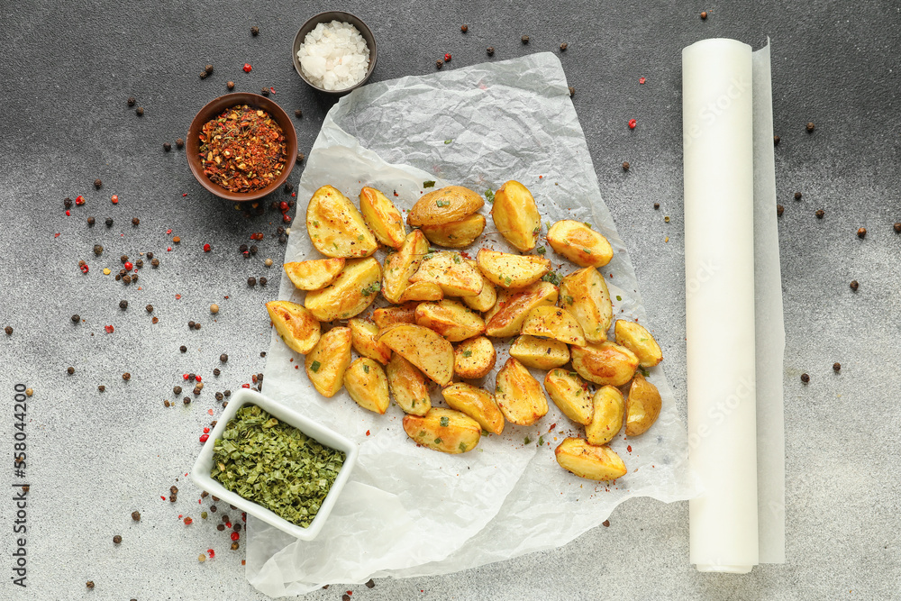 Baking paper with tasty baked potato and spices on black and white background