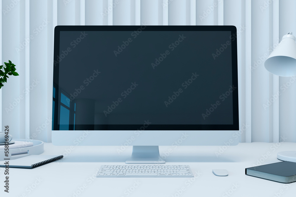 Front view on blank dark modern computer monitor screen with space for your logo or text on light of