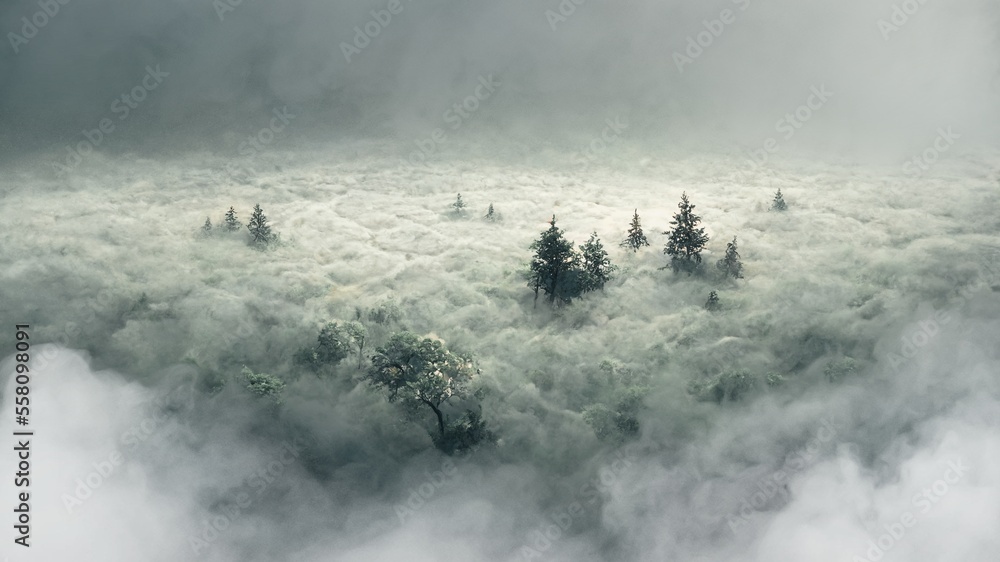 Vertical garden with tropical green leaf with fog and rain, Dark tone