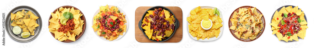 Group of tasty traditional dishes with nachos on white background