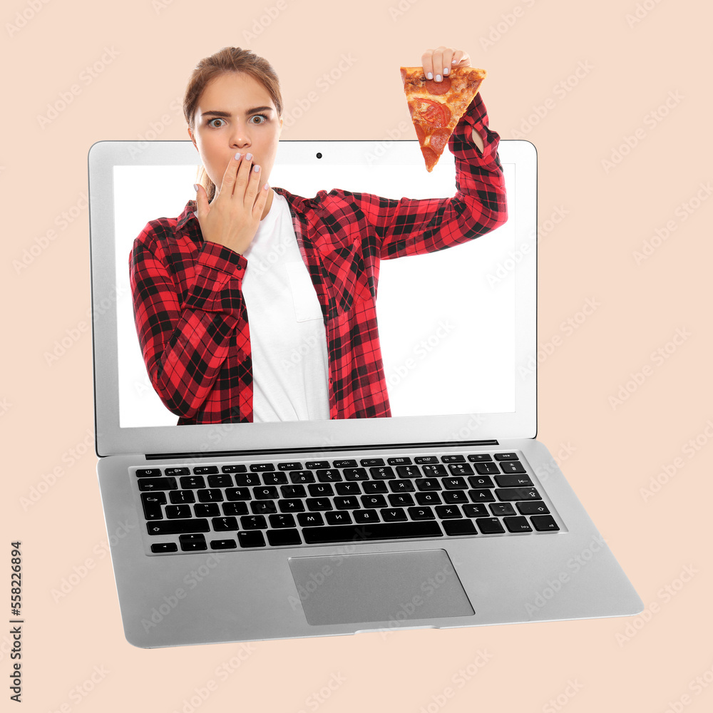 Surprised woman with slice of delicious pizza on white background