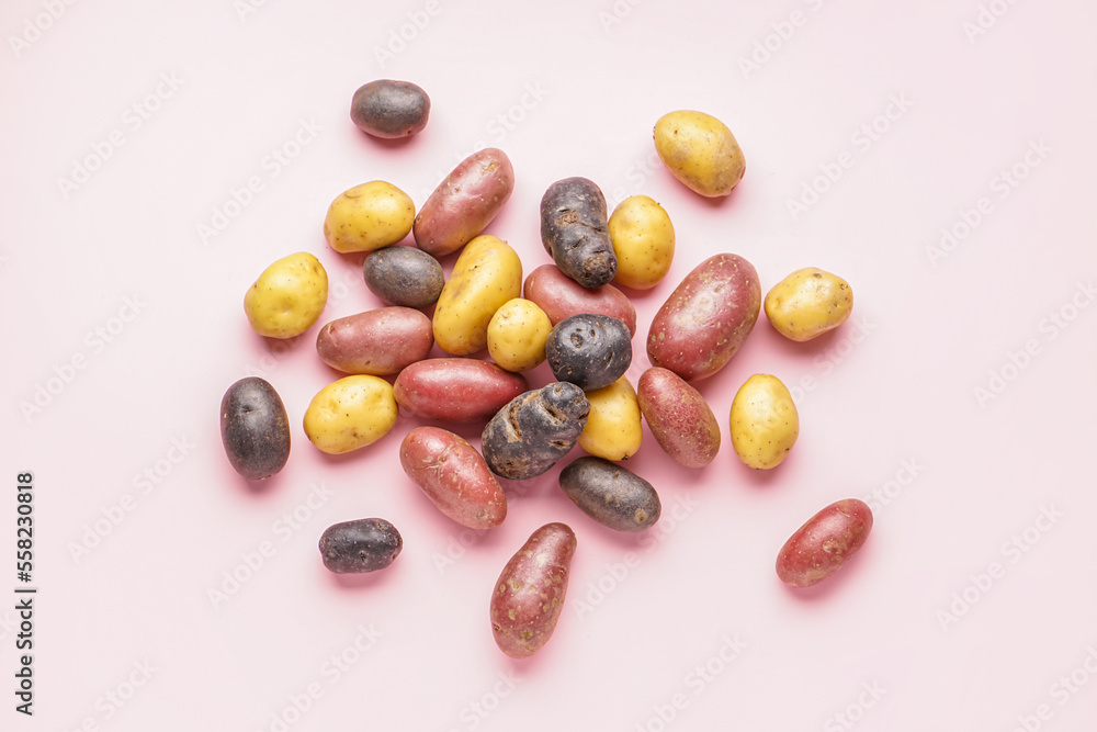 Heap of different raw potatoes on pink background