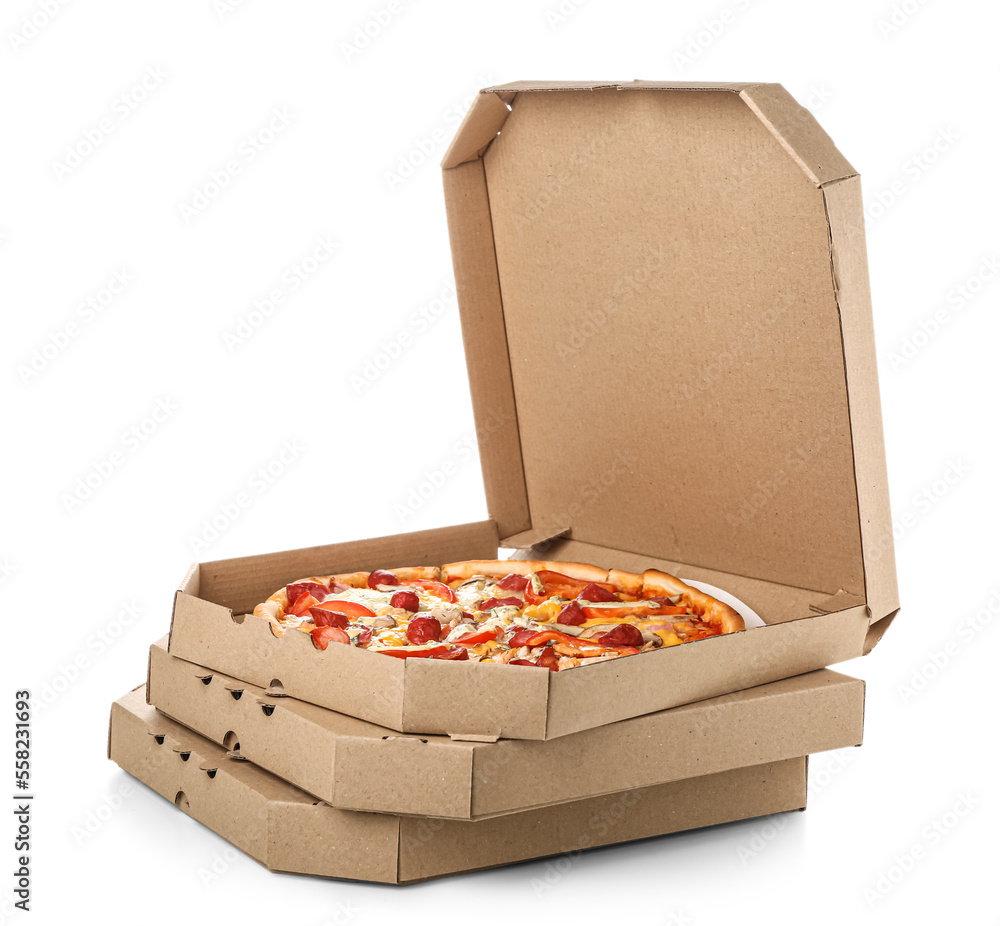 Stack of cardboard boxes with tasty pizza isolated on white background