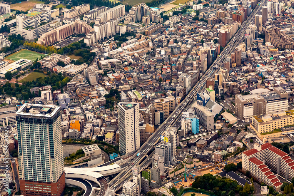 Aerial view of Minato City, Tokyo, Japan