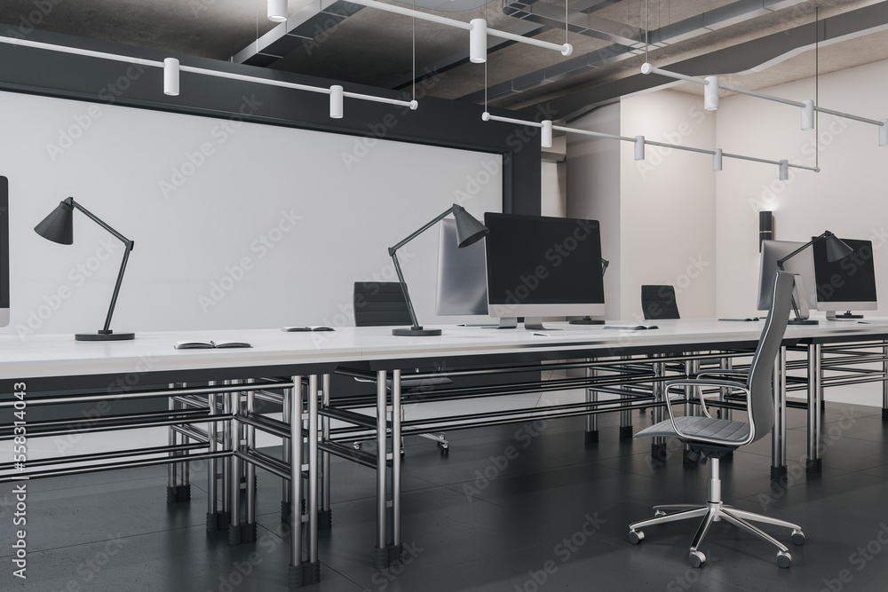 Perspective view on modern computer on light work place table, grey chair, white walls and dark glos