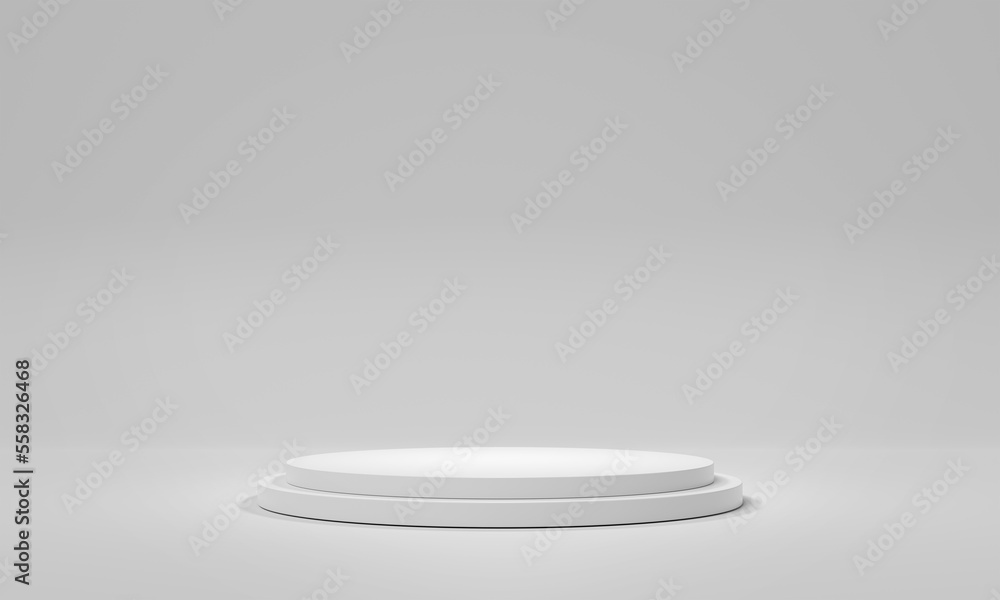 White stage podium background. Mockup of empty circular platform on white. Abstract geometric pedest