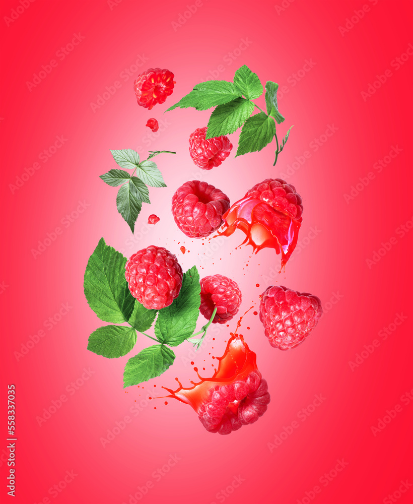 Whole and sliced raspberries with juice splashes in the air on a red background