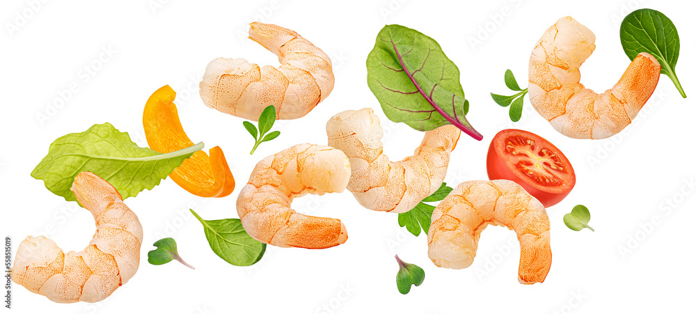 Falling shrimp salad ingredients isolated on white background