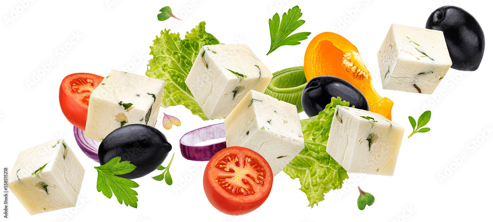 Falling greek salad ingredients isolated on white background, mediterranean food concept