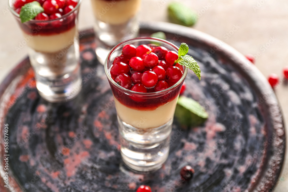 Plate with shots of delicious pudding, cranberry, mint and jam on light table