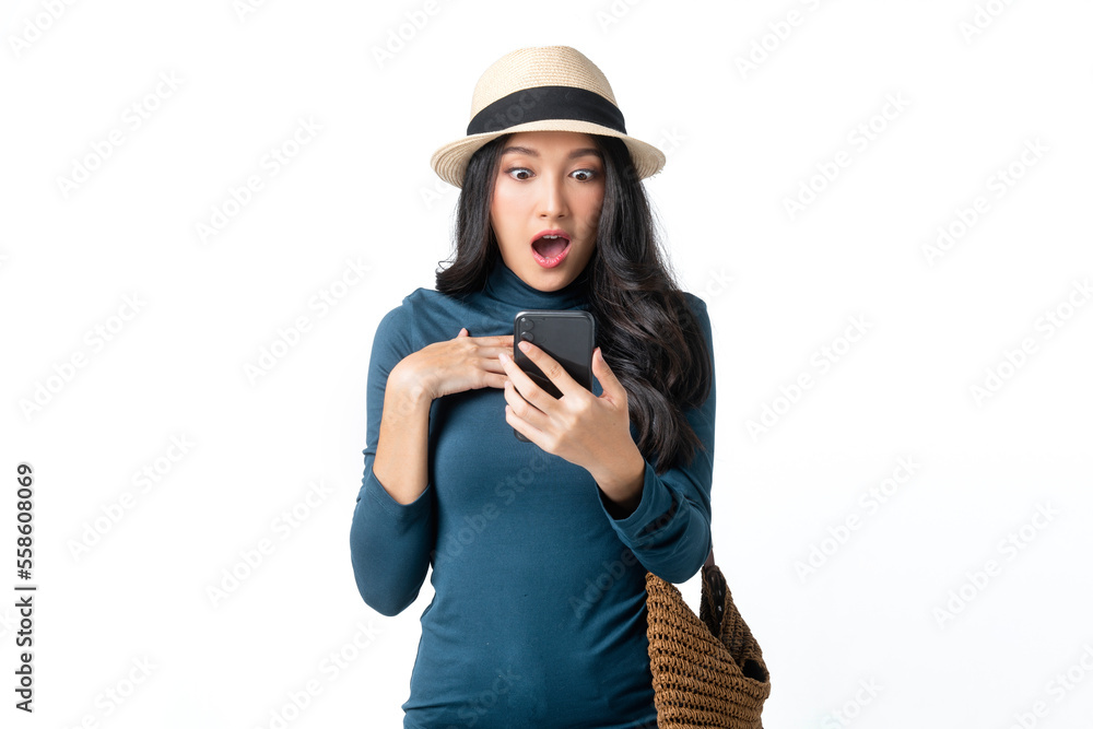 surprise sms celebrate message greeting from smartphone screen,happiness asian young adult woman han