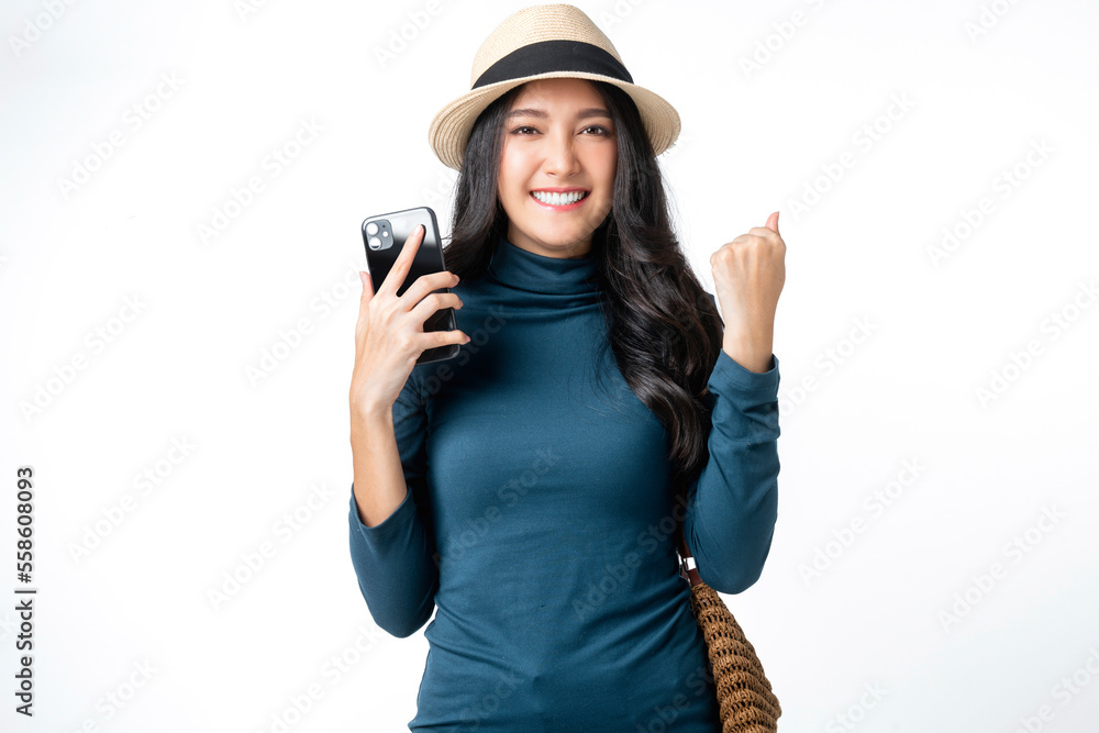 surprise sms celebrate message greeting from smartphone screen,happiness asian young adult woman han