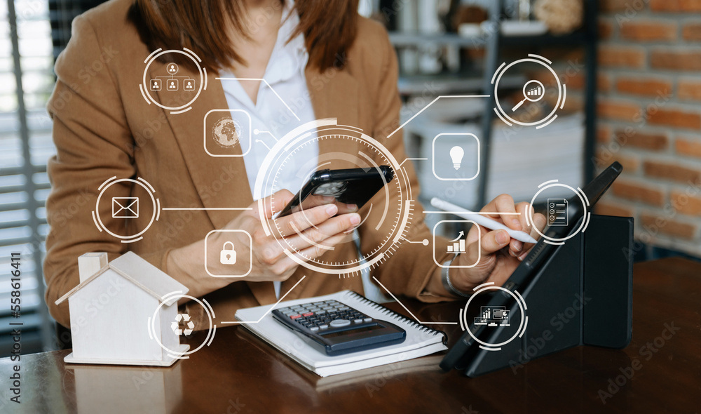 businessman working with mobile phone and tablet and laptop computer Internet with Augmented Reality