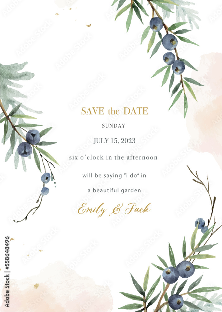 Watercolor vector hand painted wedding invitation card template.