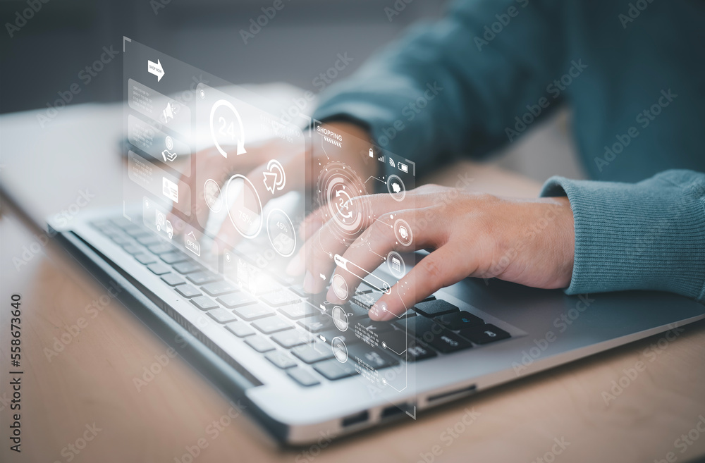 Woman hand using laptop with Big Sale and technology for digital marketing, Pay online shopping Webs