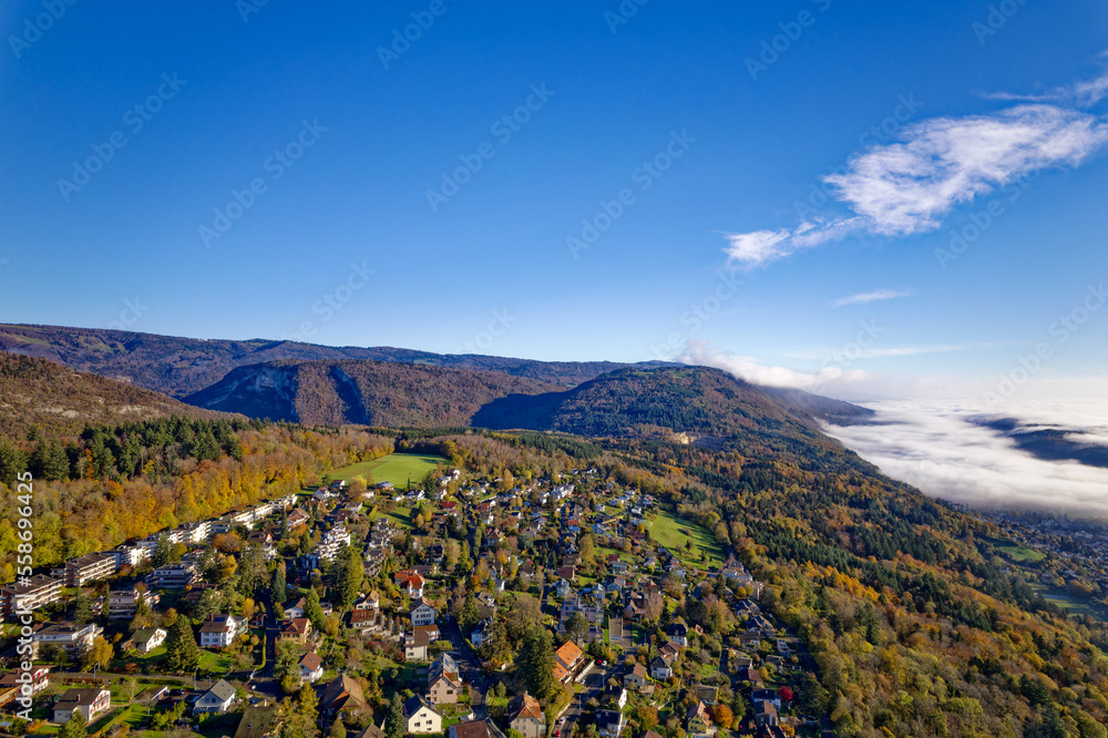 Aerial view from village Evilard Leubringen, Canton Bern, with beautiful autumn landscape on a sunny