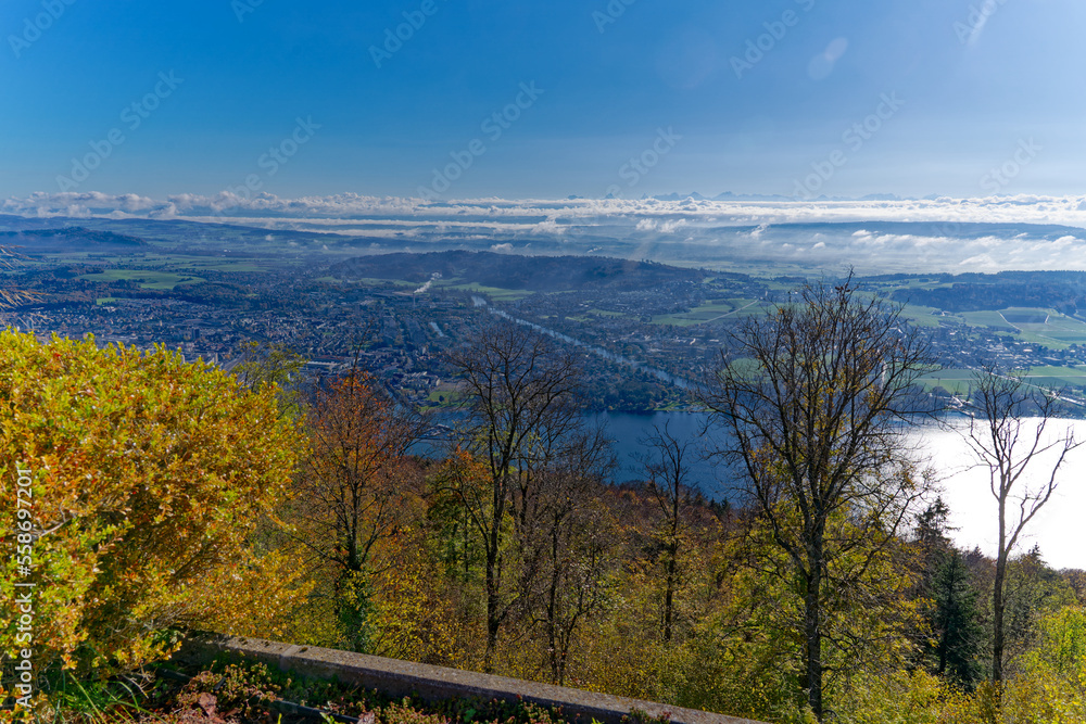 Aerial view from village Magglingen Macolin, Canton Bern, over City of Biel Bienne and lake with Aaa