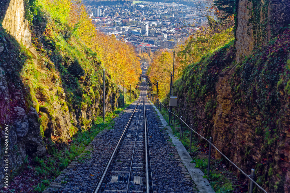 Aerial view of Swiss City of Biel Bienne seen from funicular Magglingen Macolin on a sunny autumn da