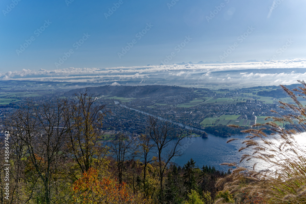 Aerial view from village Magglingen Macolin, Canton Bern, over City of Biel Bienne and lake with Aaa