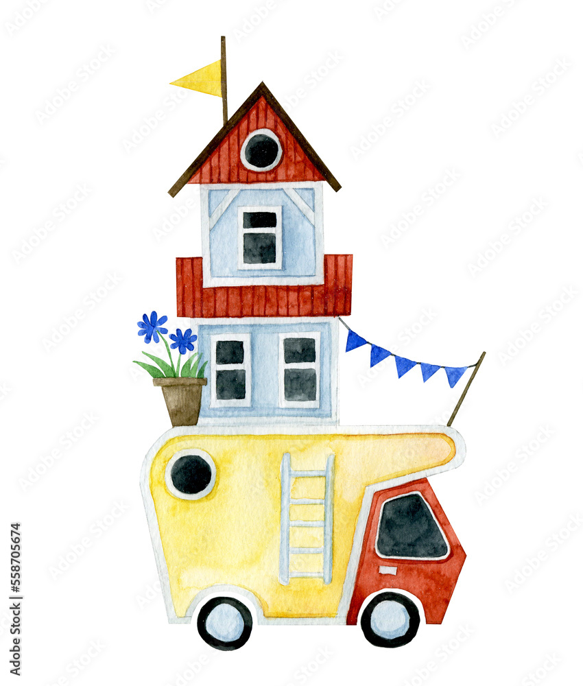 watercolor drawing. rooftop car. cute childrens illustration on the theme of travel, moving, campin