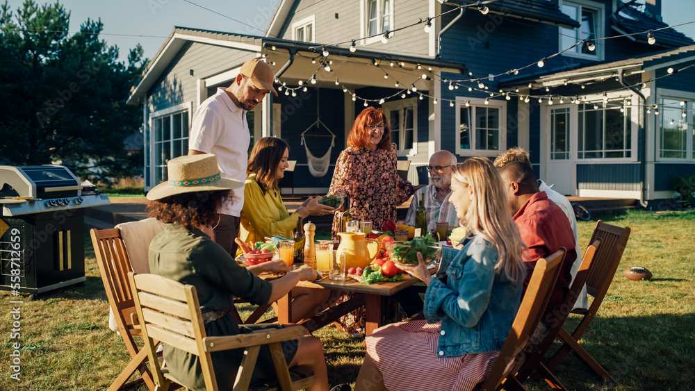 Big Family and Friends Celebrating Outside at Home. Diverse Group of Children, Adults and Old People