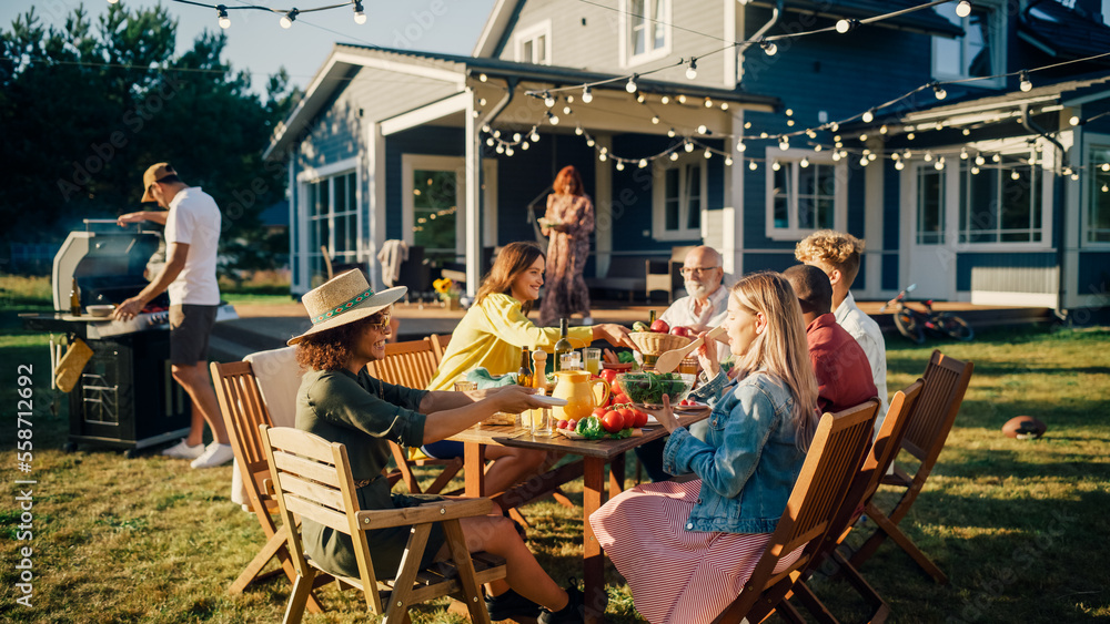 Big Family and Friends Celebrating Outside in a Backyard at Home. Diverse Group of Children, Adults 