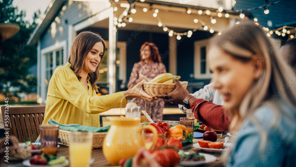 Big Family Vegetarian Party Gathered Together at a Table with Relatives and Friends. Young and Senio