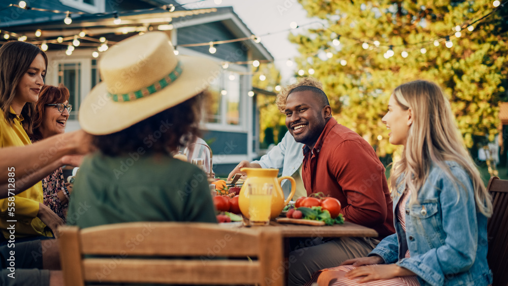 Family and Multiethnic Diverse Friends Gathering Together at a Garden Table. People Eating Grilled a