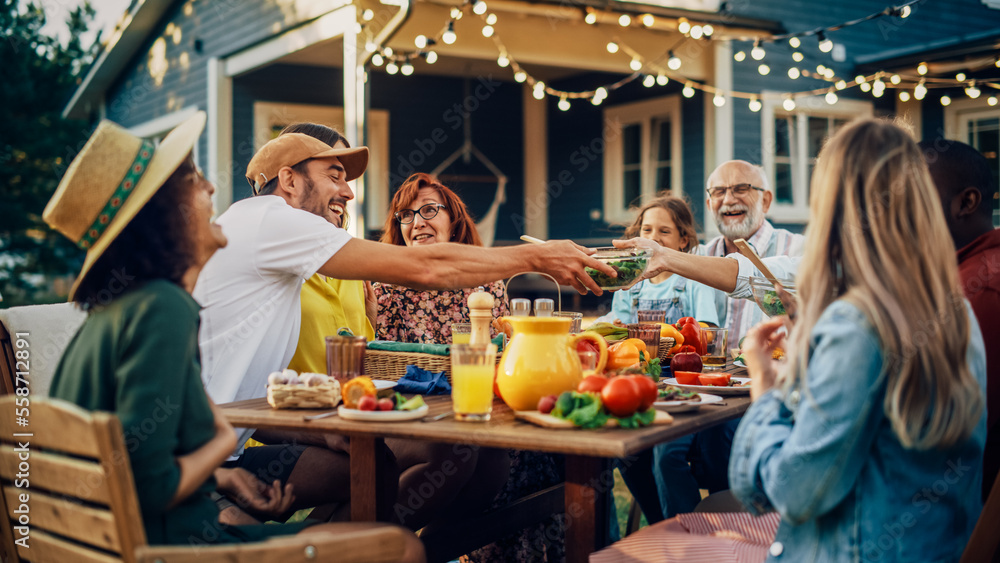 Big Family Vegetarian Party Gathered Together at a Table with Relatives and Friends. Young and Senio