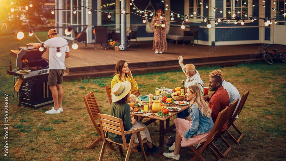 Big Family and Friends Celebrating Outside at Home. Diverse Group of Children, Adults and Old People