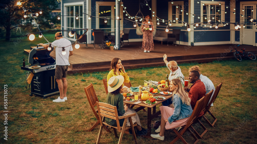 Big Family Garden Barbecue Party Celebration, Gathered Together at a Table with Relatives and Friend