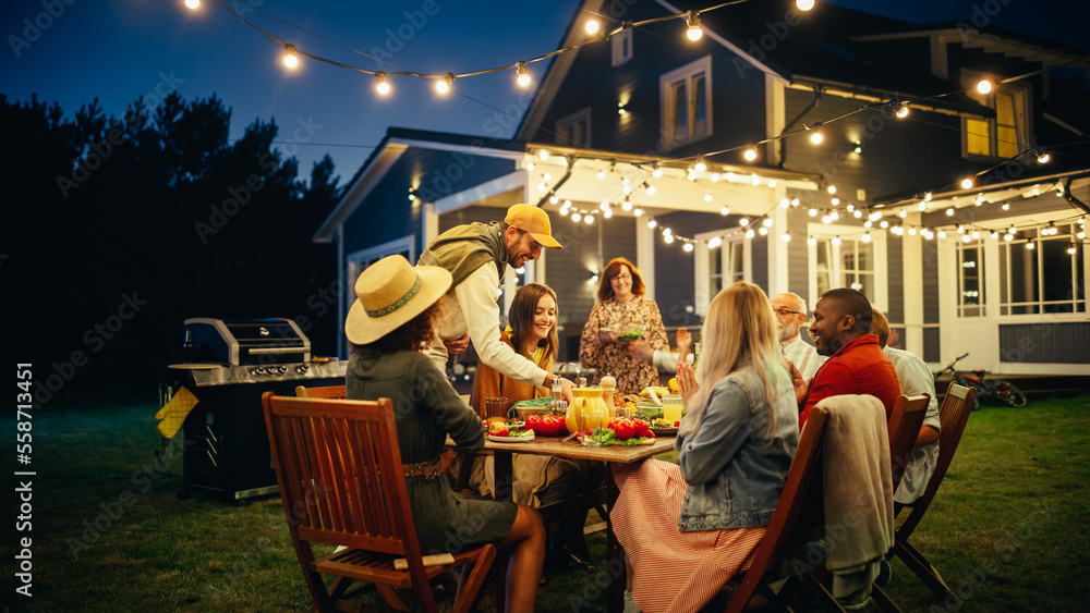 Big Family and Friends Celebrating Outside at Home in the Evening. Diverse Group of Children, Adults