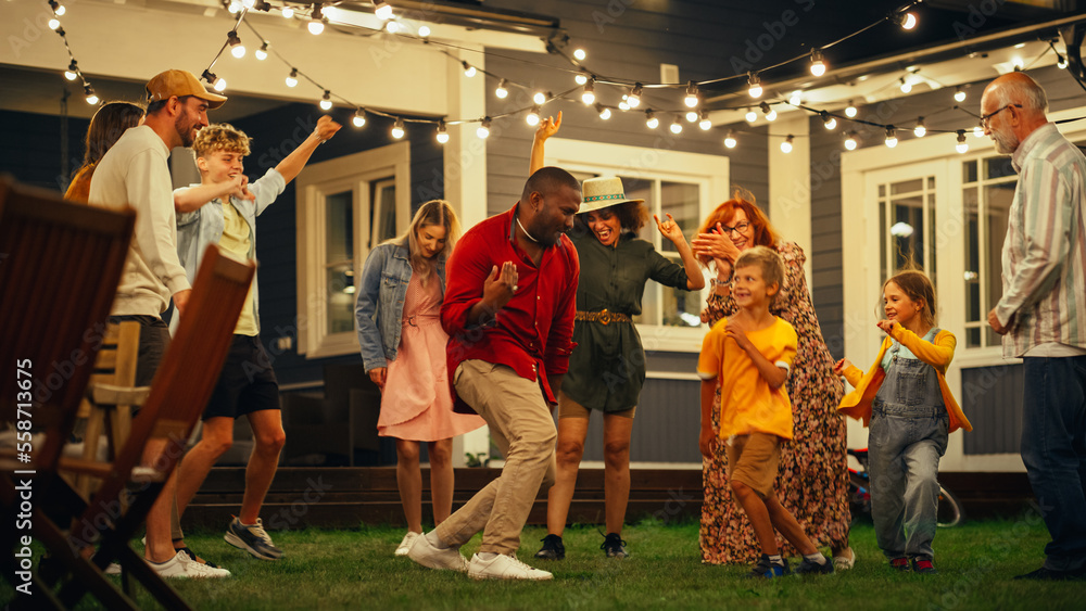 Group of Multicultural Diverse Friends and Relatives Having Fun and Dancing Together at an Evening G