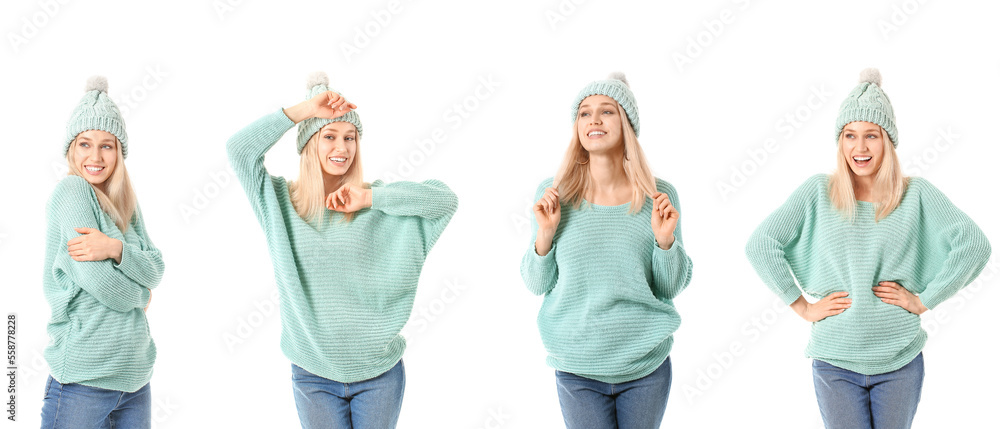 Collage of stylish young woman in warm winter clothes on white background