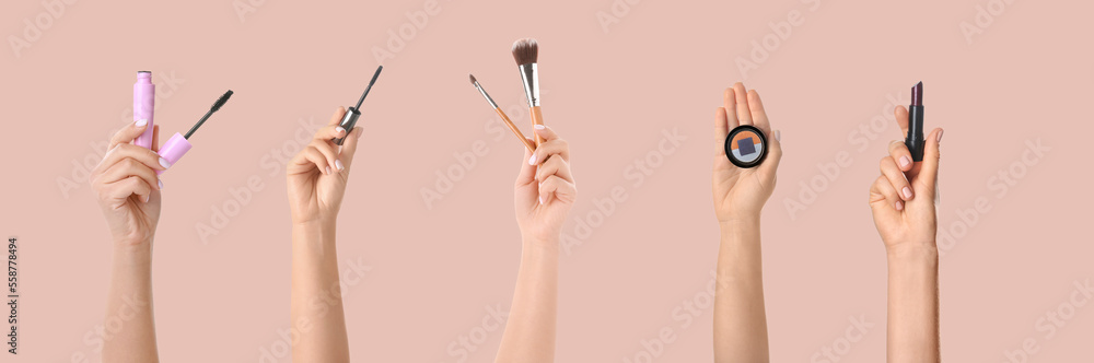 Collage of decorative cosmetics on beige background