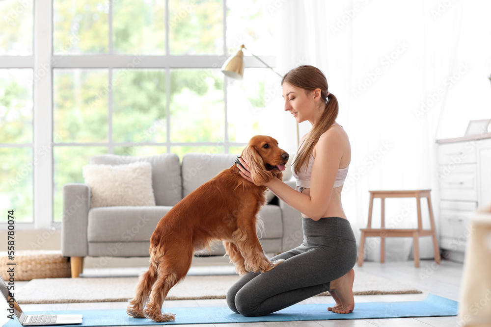 家里养着红色可卡犬的运动型年轻女子