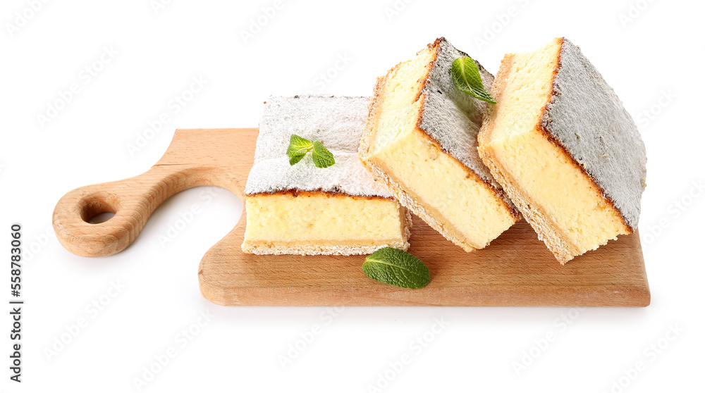 Cutting board with pieces of delicious cheese pie and mint on white background