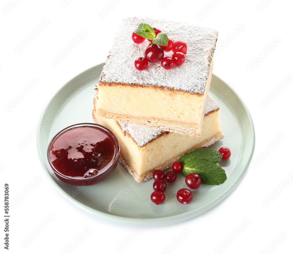 Plate with pieces of delicious cheese pie, cranberries, jam and mint on white background