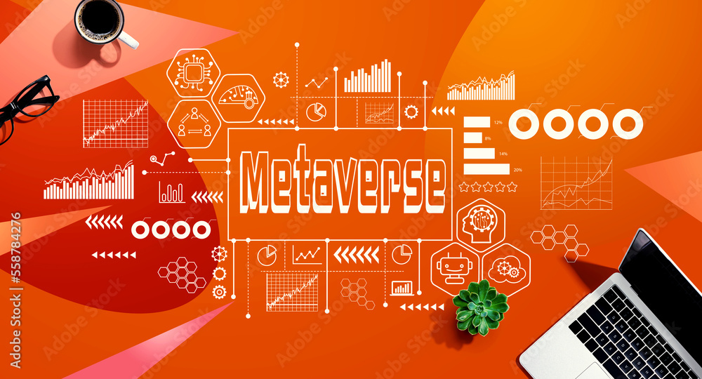 Metaverse主题，带有橙色图案背景的笔记本电脑