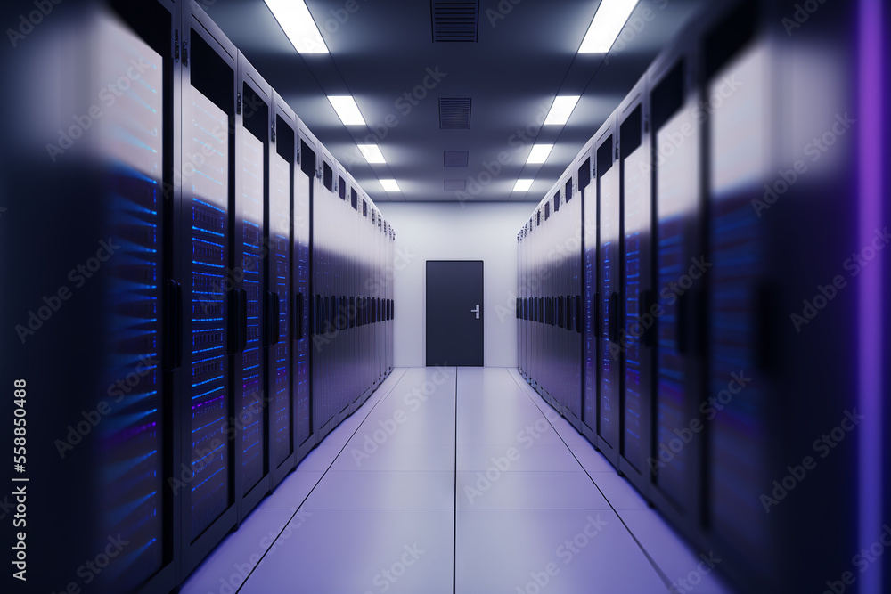 Dark servers data center room with computers and storage systems and purple blue glowing elements. G